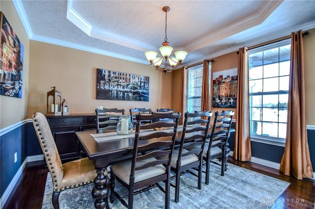 dining area featuring dark hardwood / wood-style floors, a wealth of natural light, and a raised ceiling