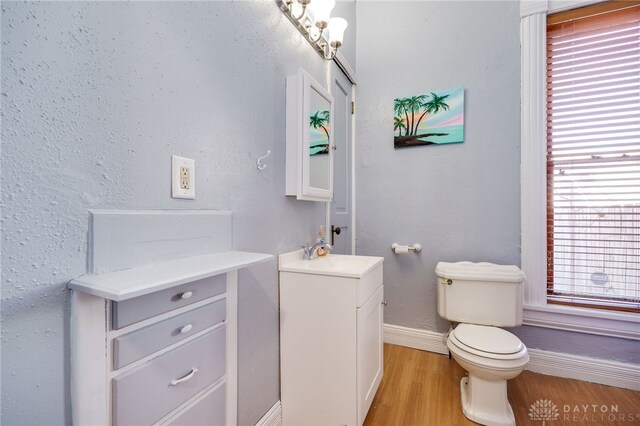 bathroom with hardwood / wood-style flooring, vanity, and toilet