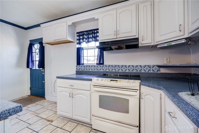 kitchen with white cabinetry, a textured ceiling, and white range with electric stovetop