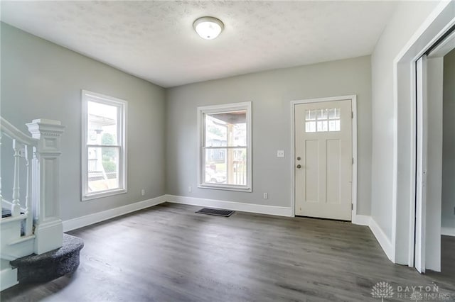 entrance foyer featuring a wealth of natural light and dark hardwood / wood-style flooring