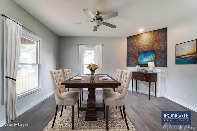 dining room with hardwood / wood-style floors and ceiling fan