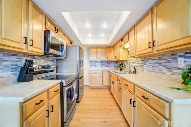 kitchen featuring light brown cabinetry, sink, a tray ceiling, and stainless steel appliances