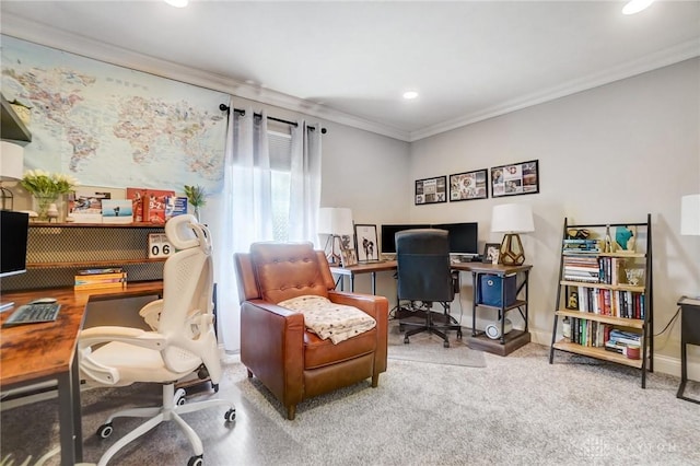 office area with crown molding and carpet flooring