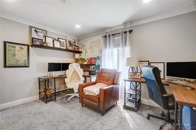 carpeted office space with ornamental molding