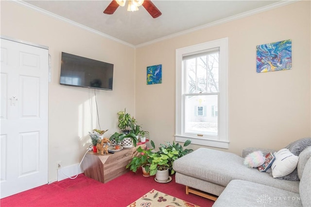 111 W Pinehurst St, Sidney, OH 45365 - carpeted living room with ornamental molding and a ceiling fan