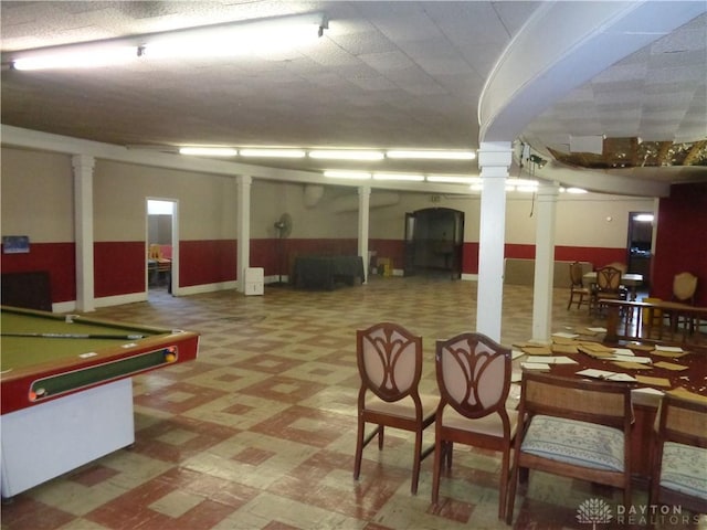 recreation room featuring ornate columns and billiards