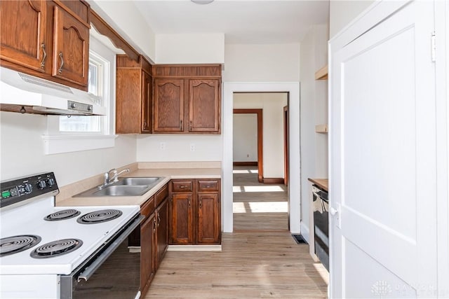 kitchen featuring range with electric cooktop, light hardwood / wood-style floors, and sink