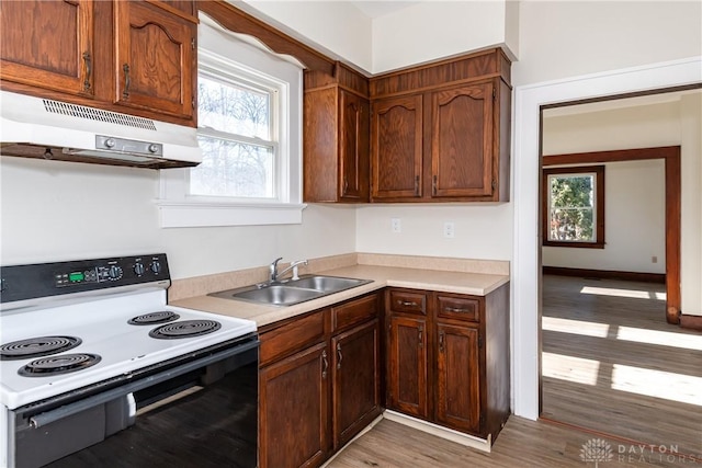 kitchen with black electric range oven, sink, and light hardwood / wood-style floors