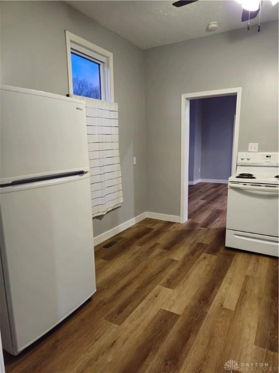 kitchen featuring dark hardwood / wood-style flooring, white appliances, and ceiling fan