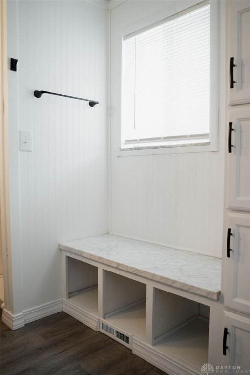 mudroom featuring dark wood-type flooring