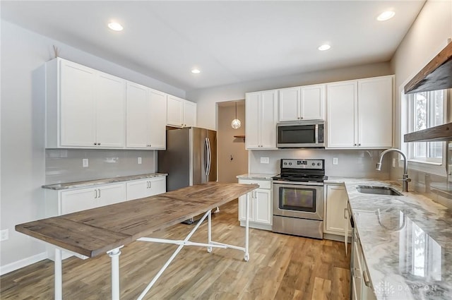 kitchen featuring sink, backsplash, white cabinets, light stone counters, and stainless steel appliances