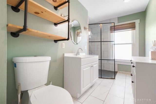 bathroom with vanity, an enclosed shower, and toilet