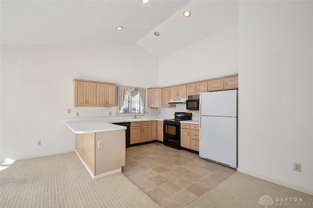 kitchen with sink, high vaulted ceiling, light brown cabinets, kitchen peninsula, and black appliances