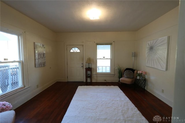 entryway featuring a healthy amount of sunlight, baseboards, and wood finished floors