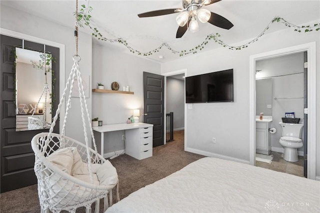 carpeted bedroom with connected bathroom and ceiling fan