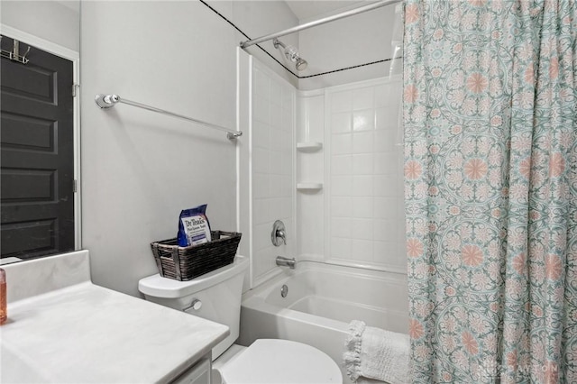 full bathroom with vanity, shower / bath combination with curtain, and toilet