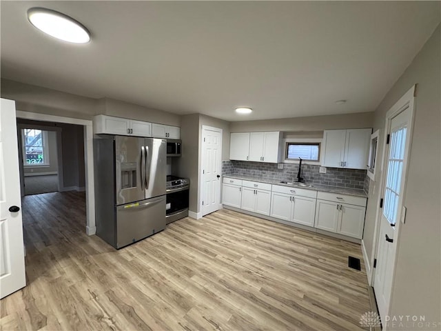 kitchen featuring sink, white cabinets, decorative backsplash, stainless steel appliances, and light hardwood / wood-style flooring