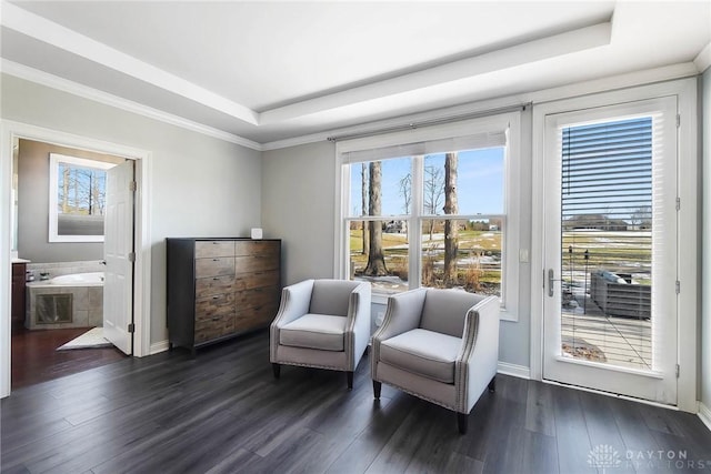 living area with ornamental molding, a tray ceiling, dark wood-style floors, and baseboards