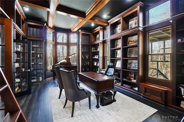 office area with beam ceiling, dark wood-type flooring, ornamental molding, and coffered ceiling