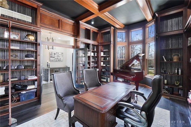 home office featuring beam ceiling, wood finished floors, and coffered ceiling