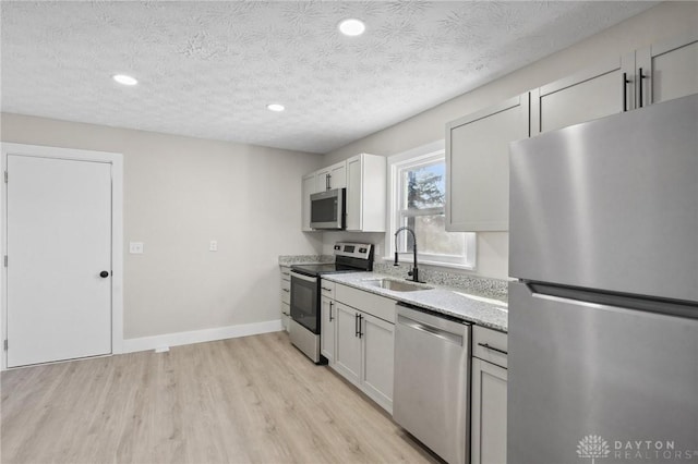 kitchen with stainless steel appliances, sink, white cabinets, and light wood-type flooring