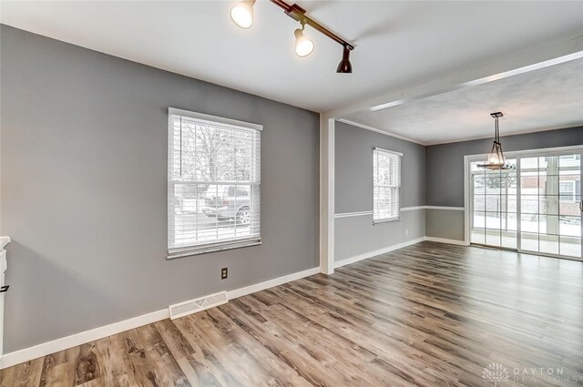 empty room featuring hardwood / wood-style flooring and rail lighting