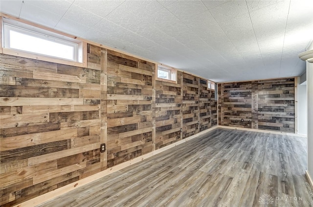 basement featuring hardwood / wood-style flooring and wood walls