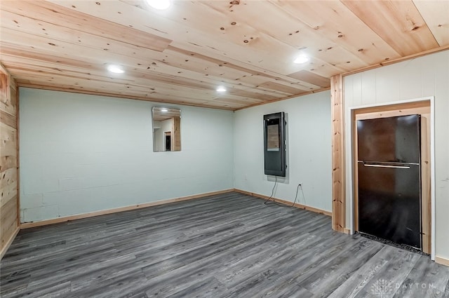 empty room featuring wood ceiling and wood-type flooring