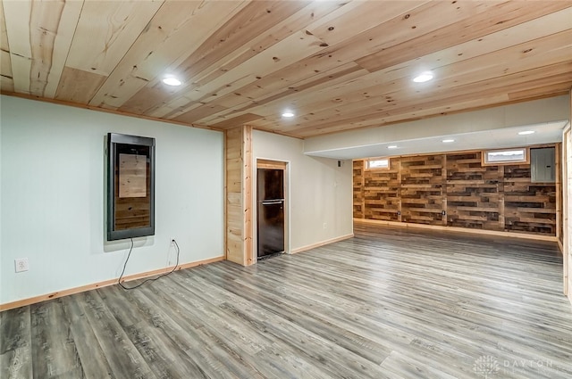 interior space with hardwood / wood-style flooring and wood ceiling