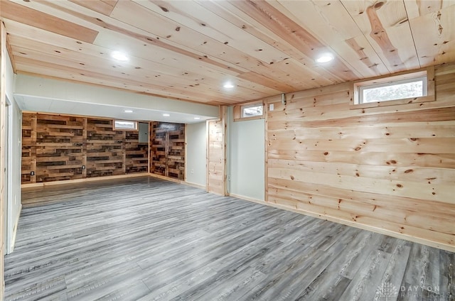 unfurnished room featuring wood walls, wood-type flooring, and wooden ceiling