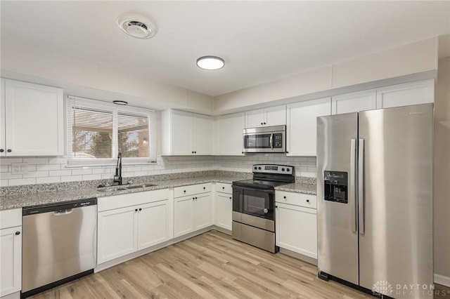 kitchen featuring sink, backsplash, white cabinets, light stone counters, and stainless steel appliances