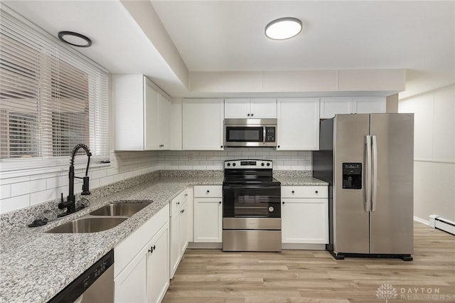 kitchen featuring sink, light wood-type flooring, appliances with stainless steel finishes, decorative backsplash, and white cabinets