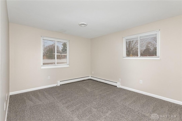 spare room with dark carpet