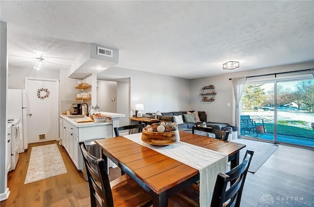 dining room with sink, light hardwood / wood-style flooring, and a textured ceiling