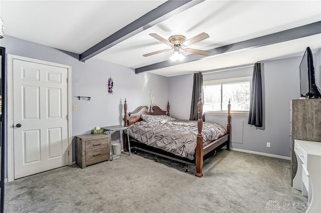 bedroom with light carpet, ceiling fan, and beamed ceiling