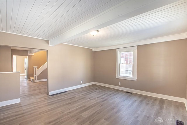 spare room with wood-type flooring, wood ceiling, and beam ceiling