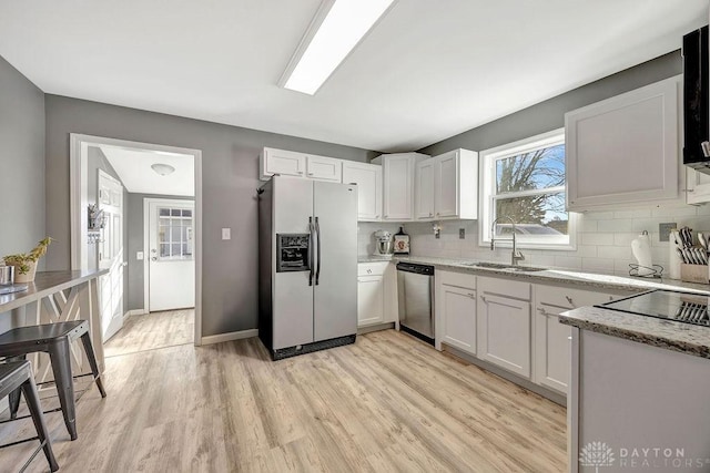 kitchen featuring stainless steel appliances, sink, white cabinets, and backsplash