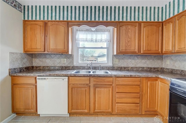 kitchen featuring dishwasher, sink, electric range, and backsplash