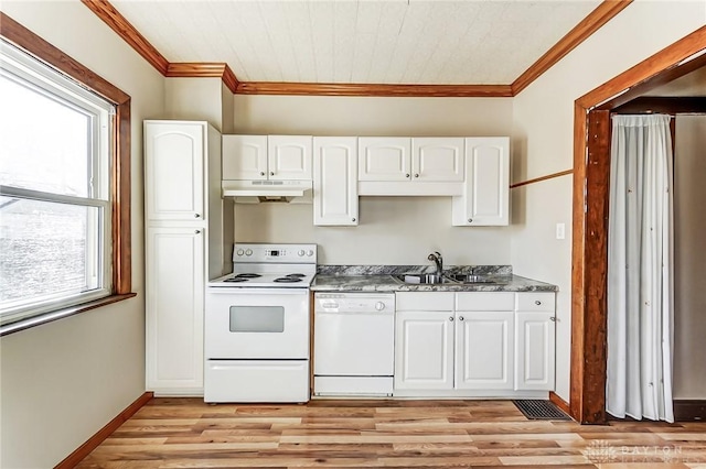 kitchen featuring sink, light wood-type flooring, ornamental molding, white appliances, and white cabinets