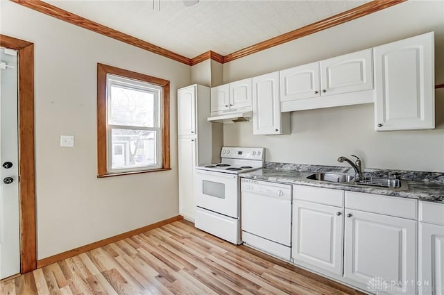 kitchen featuring sink, white cabinetry, ornamental molding, white appliances, and light hardwood / wood-style floors