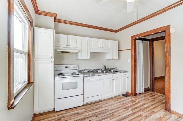 kitchen featuring sink, light wood-type flooring, white cabinets, crown molding, and white appliances