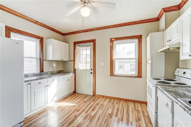 kitchen featuring white appliances, light hardwood / wood-style flooring, ornamental molding, and white cabinets