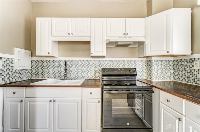 kitchen with white cabinets, sink, and electric range