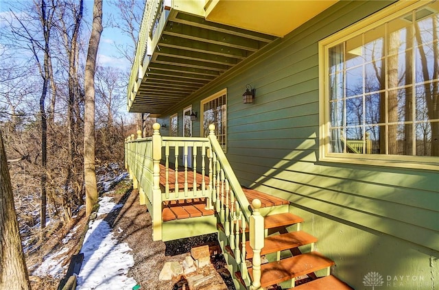 view of snow covered deck