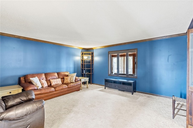 carpeted living room featuring ornamental molding