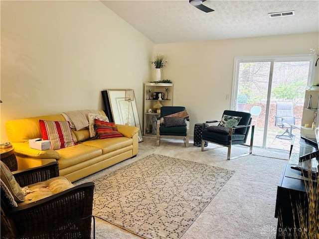 carpeted living room featuring vaulted ceiling and a textured ceiling