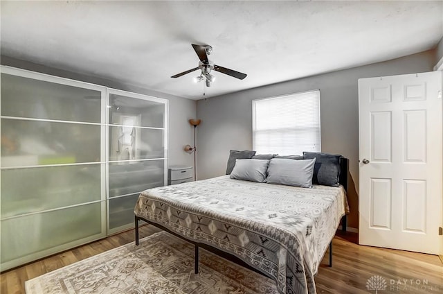 bedroom featuring wood-type flooring and ceiling fan