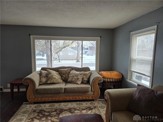 living room with a healthy amount of sunlight, hardwood / wood-style floors, and a textured ceiling