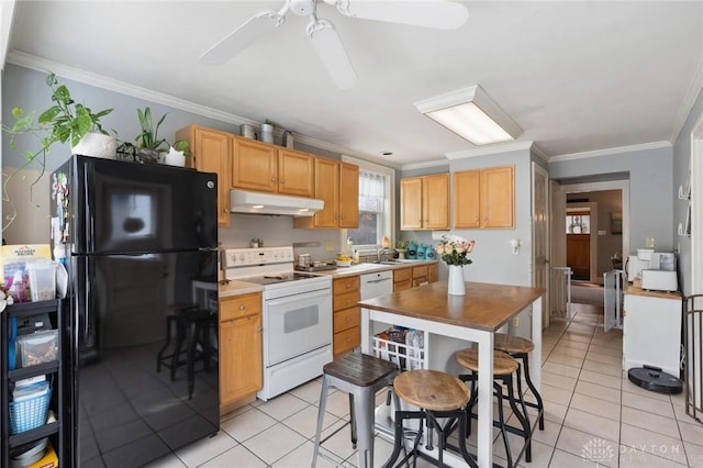 kitchen with white electric range, light brown cabinetry, black fridge, crown molding, and light tile patterned floors