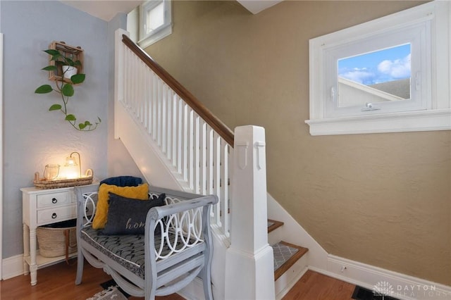 staircase featuring hardwood / wood-style floors